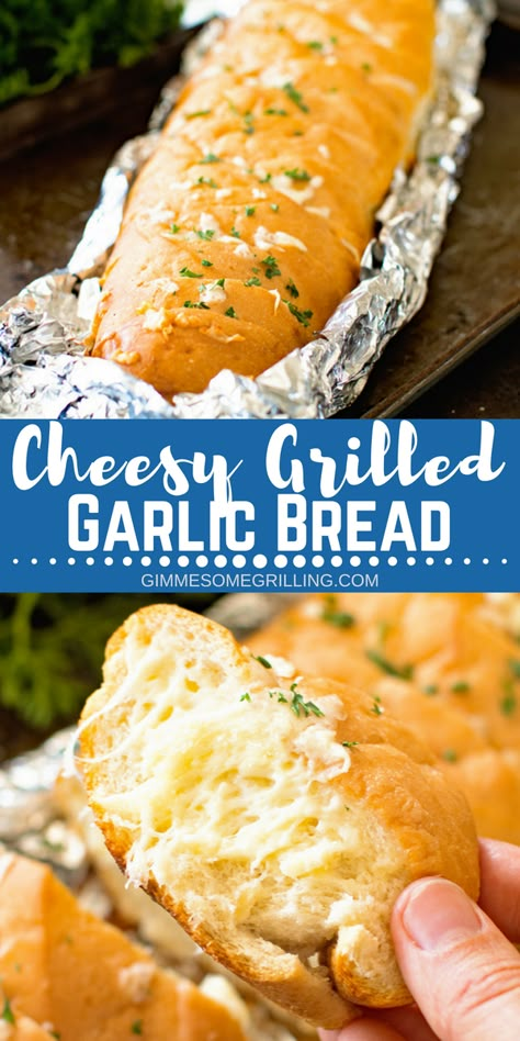 Delicious Cheesy Grilled Garlic Bread is made right on your grill! You are going to love this perfectly toasty, crunchy garlic bread with cheese! The perfect side dish for your meal on the grill! #grill #grilled #cheese #bread #garlic #garlicbread #grilling #recipe #easy #easyrecipe #sidedish #gimmesomegrilling via @gimmesomegrilling Grilled French Bread, Grilled Garlic Bread, Garlic Bread With Cheese, Bread With Cheese, Crunchy Garlic, Bread Chicken, Grilled Garlic, Grilling Recipes Sides, Campfire Grill