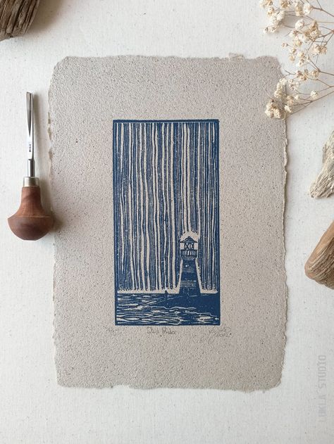 Original Linocut Artwork Limited to 5 Hand Printed Lighthouse - Etsy Lighthouse Lino Print, Lighthouse Linocut, Lino Print Pattern, Lino Art, Lino Prints, It's Raining, Print Inspiration, Screenprinting, Lino Print