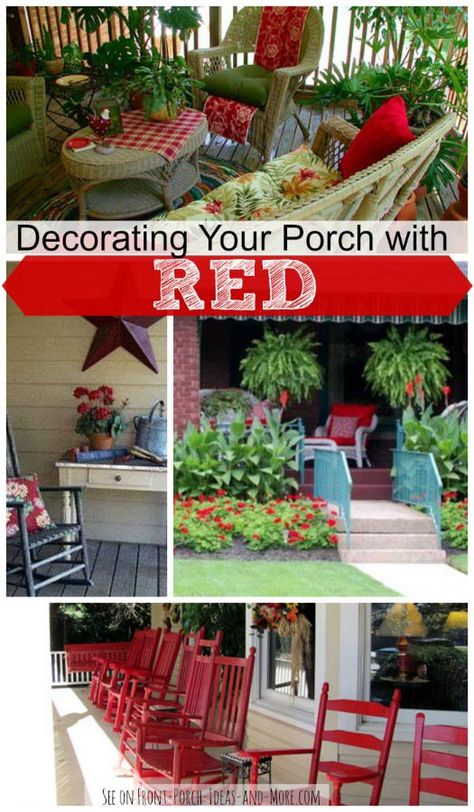 Red Bench Front Porch, Red Rocking Chairs On Front Porch, Red Front Porch Decor, Red Door Front Porch Decorating Ideas, Red Porch Ideas, Americana Front Porch, Red Outdoor Decor Patio, Americana Front Porch Ideas, Red White And Blue Porch Ideas