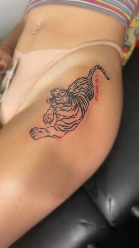 Tiger Side Body Tattoo, Tiger Tattoo On Hip, Tiger Tattoo Feminine, Cigarettesaftersex Tattoo Ideas, Sabertooth Tiger Tattoo, Saber Tooth Tiger Tattoo, Tiger Tattoo On Thigh, Tiger Thigh Tattoo, Small Hidden Tattoos