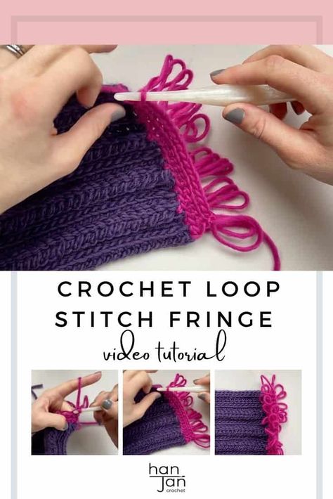 Learn how to work a crochet loop stitch in this easy video tutorial from HanJan Crochet. Including a section on how to create an easy crochet fringe, this technique is great for adding texture and fun to your crochet blankets and garments. #crochetloopstitch #crochetfringe #learntocrochet Crochet Loop Stitch, Crochet Stitches Uk, Crochet Loop, Loop Stitch, Different Crochet Stitches, Crochet Fringe, Stitch Tutorial, Beginner Crochet Projects, Your Crochet