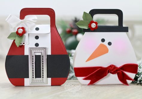 Adorable Holiday Character Gift Bags in under 10 Minutes by Becca Feeken for Spellbinders using S5-259 Favorably Simple Gift Box, S5-308 Hemstitch Rectangles and S3-250 Angled Flower - Fold and Go dies #spellbinders #diecutting #gifting #giftbag Spellbinders Surprise Box Cards, Spellbinders Gnome For Christmas, Spellbinders Gnome Drive, Spellbinders Holiday Express, Spellbinders Dancin Gnome, Christmas Purse, Christmas Orniments, Christmas Treats Holders, Christmas Treat Bags