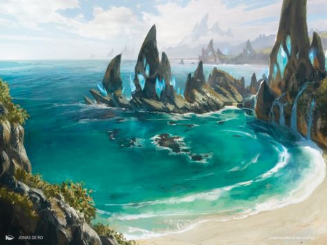 Tranquil Cove - Ikoria MtG Art Magic The Gathering Art, Fantasy Beach, Fantasy Environment, Alien Planets, Underground Bunker, Mtg Art, Dnd Maps, Fantasy Background, Fantasy Island