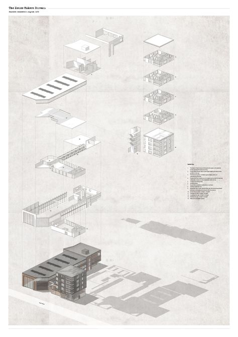 Exploded axonometric diagram. James Beardall Boards Architecture, Exploded Axonometric, Architecture Illustrations, Axonometric Drawing, Presentation Board Design, Isometric Drawing, Architecture Presentation Board, Architecture Panel, Architecture Board