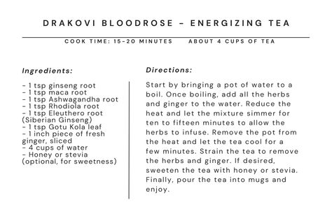 Elevate your mornings with this exclusive energizing herbal tea blend carefully crafted by Herbalist; Drakovi Bloodrose. Packed with rare and potent ingredients such as ginseng, maca, Ashwagandha, Rhodiola, Eleuthero, and Gotu Kola, this tea is designed to give you a natural boost of energy and vitality. Harness the power of nature's finest herbs. Experience heightened focus and mental clarity. Elevate your daily ritual with a cup of pure, invigorating goodness. Try Drakovi’s #recipe today ... Energizing Tea, Ashwagandha Root, Herbal Teas Recipes, Gotu Kola, Maca Root, Herbal Recipes, Herbal Tea Blends, Tea Recipe, Daily Ritual