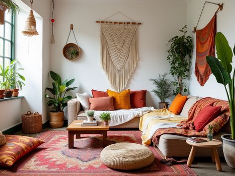 Transform your living space into a bohemian oasis! 🌿✨ This studio apartment showcases a delightful blend of colorful textiles, cozy floor cushions, and low wooden furniture. The white walls beautifully highlight a macramé wall hanging and lush potted plants, creating a vibrant yet earthy atmosphere perfect for relaxation and inspiration! Luxurious Penthouse, Earthy Vibes, Calming Spaces, Colorful Textiles, Stylish Interior, Wooden Furniture, Floor Cushions, Studio Apartment, Macrame Wall