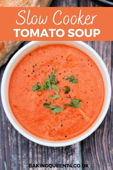 Packed with flavour, this easy slow cooker tomato soup is made with roasted tomatoes and tastes so good. You'll forget about tinned soup once you try this simple recipe. Tomato Soup Slow Cooker, Slow Cooker Tomato Soup, Soup Slow Cooker, Slower Cooker, Vegetable Stock Cubes, Roasted Tomato Soup, How To Peel Tomatoes, Roasted Tomato, Slow Cooker Soup