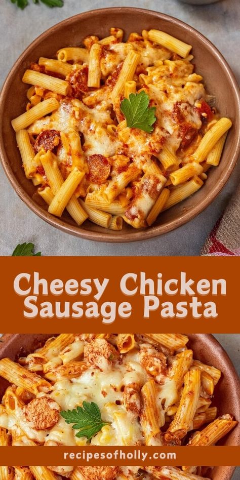 Cheesy Chicken Sausage Pasta - Recipes of Holly Chicken Sausage Pasta Recipes Healthy, Penne Pasta Recipes Chicken, Chicken Sausage Recipes Pasta, Polish Sausage Recipes, Sausage And Pasta, Chicken Sausage Recipes, Chicken Sausage Pasta, Costco Chicken, Penne Pasta Recipes