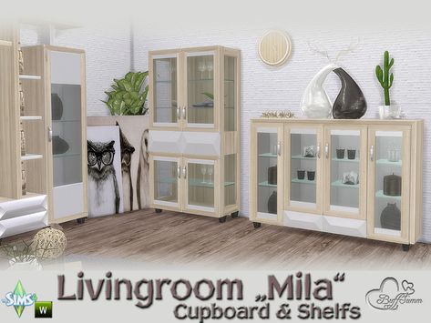 BuffSumm's Mila Living Cupboard & Shelfs Living Room Sims 4, Sims Community, The Sims4, Sims Mods, Sims 4 Cc, The Sims Resource, Sims Resource, The Sims 4, Room Set