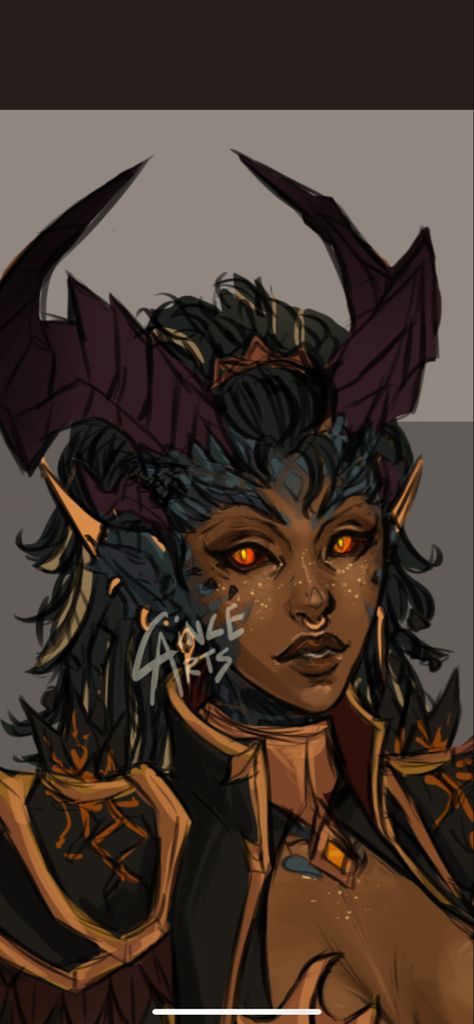 Long Dreads Hairstyle For Women, Tiefling With Wings, Hair Colors Drawing, Worldbuilding Creatures, Dragon Horns Reference, Half Dragon Oc, Teifling Dnd Art, Half Dragon Character Design, Black Elf Woman