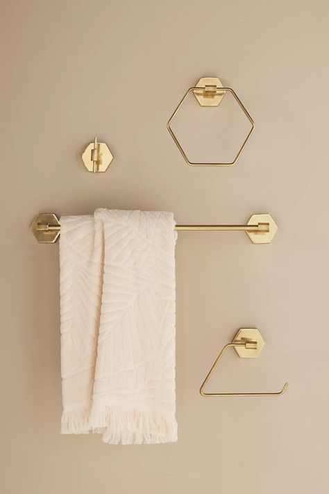 Hexagon Towel Bar | Anthropologie Hexagon Towel Holder, Hexagon Bathroom, Monochromatic Scheme, Bar Tile, Barn Bathroom, Future Bathroom, Bath Hooks, Shower Rings, Primary Bath