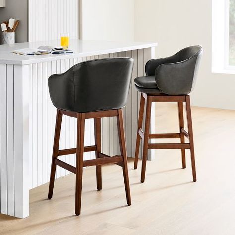 stools counter | West Elm Leather Swivel Bar Stools, Counter Stools With Backs, Bar Counter Stools, Bar Stools With Backs, Swivel Counter Stools, Modern Home Furniture, Beautiful Rooms, Leather Bar, Saddle Leather