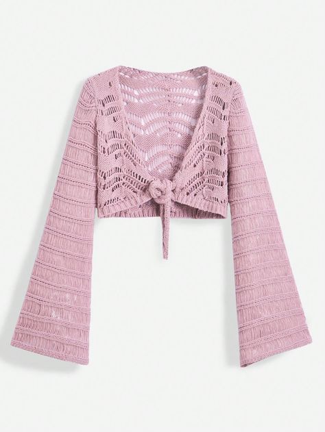 Women's Spring/Summer Casual Solid Color Hollow-Out Knitted Flare Sleeve Lightweight Bolero Cardigan Pink   Long Sleeve Fabric   Slight Stretch  Women Clothing, size features are:Bust: ,Length: ,Sleeve Length: Bolero Cardigan, Cardigan Pink, Rose Bonbon, Pink Collar, Pink Collars, Elegant Dresses Long, Lightweight Cardigan, Pink Long Sleeve, Kids Sleepwear