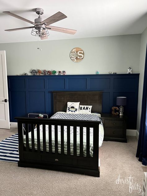 Navy Board And Batten Wall, Boy Room Accent Wall, Farmhouse Accent Wall, Display Ledge, Board And Batten Accent Wall, Batten Accent Wall, Diy Board And Batten, Batten Wall, Boy Toddler Bedroom