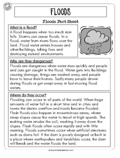 Natural Forces - Floods (1pg) Natural Disasters Project, Natural Disasters For Kids, Natural Disasters Lessons, Natural Disasters Activities, Natural Disasters Floods, Explanation Writing, First Grade Reading Comprehension, Before The Flood, Explanation Text