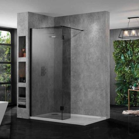 Smoked Glass Wetroom Panels | Black Glass Walk-in Shower Panels Black Profile, Glass Shower Panels, Bathroom Shower Enclosures, Walk In Shower Enclosures, Bespoke Bathroom, Shower Screen, Shower Tray, Wet Rooms, Glass Panel