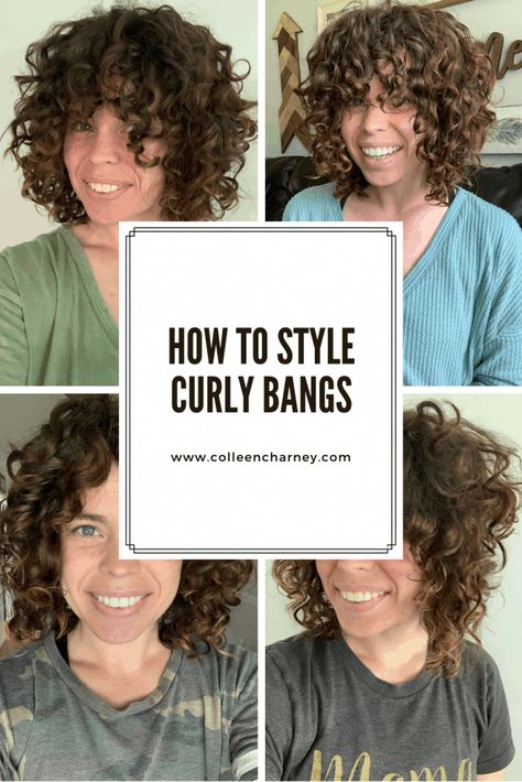 Updos For Curly Hair With Bangs, Curly Bangs Small Forehead, Styling Bangs With Curly Hair, How To Grow Out Curly Bangs, Medium Curly Hair Bangs, How To Do Bangs With Curly Hair, How To Curly Bangs, Curly Hair And Bangs Hairstyles, Growing Out Curly Bangs