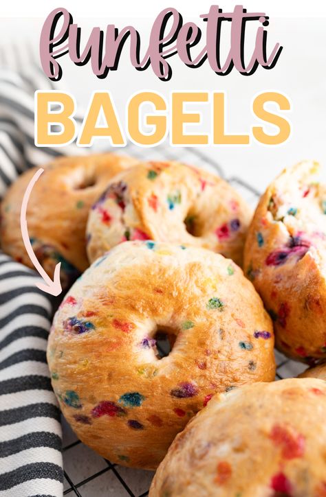 Funfetti Bagel - Cooking With Karli Funfetti Bagels, Cooking With Karli Bagels, Bagels Flavors, Unique Bagel Flavors, Sweet Bagel Recipe, Bagel Flavor Ideas, Bagel Recipe Ideas, Homemade Bagels Easy, Best Bagel Recipe