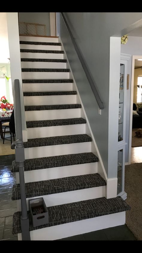 Half Carpet Stairs, Updated Stairs, Redoing Stairs, Parking Ideas, Remodeling On A Budget, St Germaine, Laminate Stairs, Stair Makeover, Basement Living