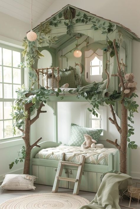 Girls Forest Bedroom Ideas, Forest Bedroom Kids, Kids Room Forest, Forest Themed Room, Forest Theme Bedroom, Nature Kids Room, Outdoor Themed Bedroom, Forest Kids Room, Treehouse Bed