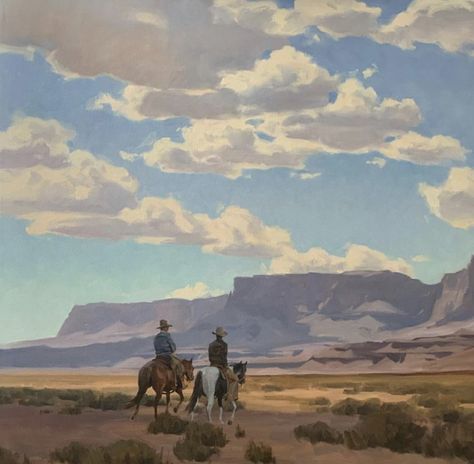 Western Landscape Photography, Cowboy Collage, Western Landscape Art, Desert Paintings, Cowboy Core, Cloud Paintings, American Money, Desert Landscape Painting, Western Frontier