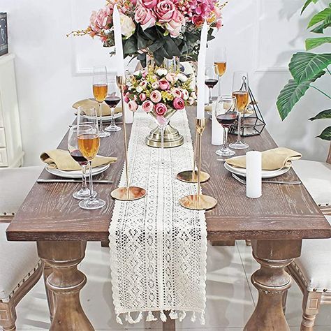 DÉCOCO 9.5" x 71" Beige Macrame Table Runner Rectangular Crochet Lace Elegant Hollow Mesh Tablecloth for Rustic Boho Wedding Decor Bridal & Baby Show : Amazon.co.uk: Home & Kitchen Cotton Wedding Decor, Crochet Lace Table Runner, Farmhouse Tabletop, Romantic Candle Light Dinner, Lace Table Runner, Boho Table Runner, Macrame Table, Tafel Decor, Lace Runner