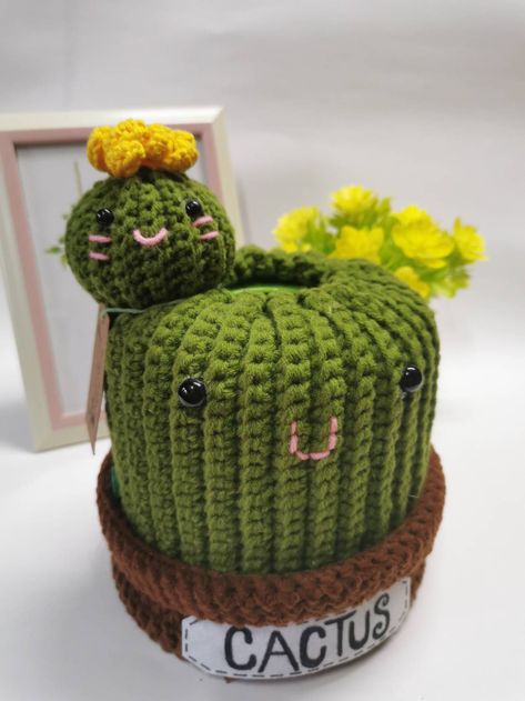 Looking to add a sweet cactus to your home? This adorable cactus is perfect decor for your home. They fit on a standard size tissue box that is circle. Size of tissue box cover measure: between 11 cm in width on the sides, and the height is 11 cm. It will fit most brands of tissues. Crochet Cactus Tissue Box Cover, Crochet Tissue Box Cover Pattern, Crochet Tissue Box Cover Free Pattern, Tissue Box Cover Crochet, Crochet Toilet Roll Cover, Crochet Tissue Box Cover, Knit Embroidery, Crochet Succulent, Home Decor Crochet