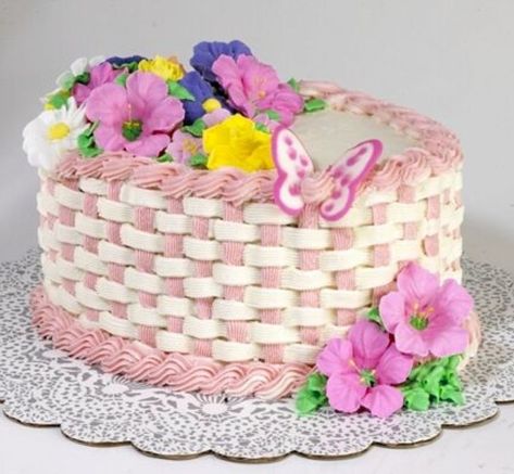 Basketweave Cake made this cake for a friend's birthday. I did a basketweave and used royal icing flowers I made from a wilton class.... Easter Themed Cakes, Basket Weave Cake, Cake Icing Tips, Flower Basket Cake, Basket Cake, Royal Icing Flowers, Icing Flowers, Cake Decorating Classes, Cake Baking Recipes