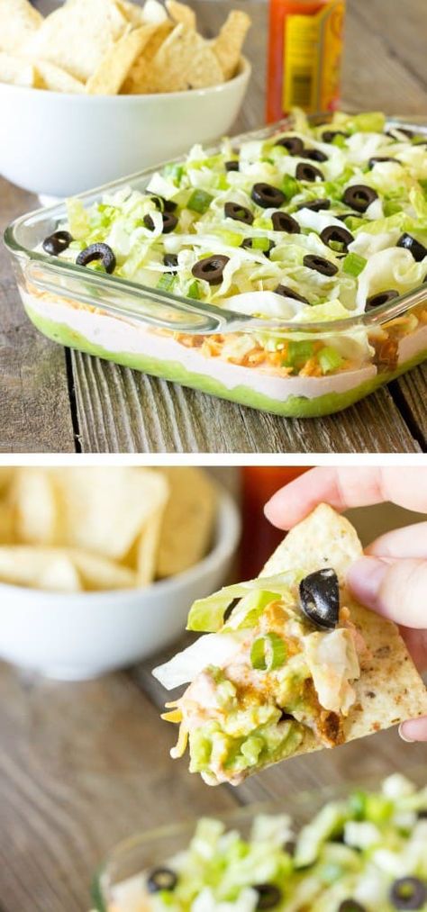 7 Layer Chicken Taco Dip - The Wholesome Dish Taco Seasoned Chicken, Chicken Taco Dip, Taco Cup, The Wholesome Dish, Mexican Favorites, Chicken Salsa, Party Crowd, Layered Taco Dip, Potluck Ideas