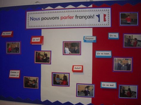 We Can Speak French display France Decorations, French Bulletin Boards, French Classroom Decor, French Display, Classroom Display Boards, French Speaking, French Stuff, French Flashcards, French Crafts