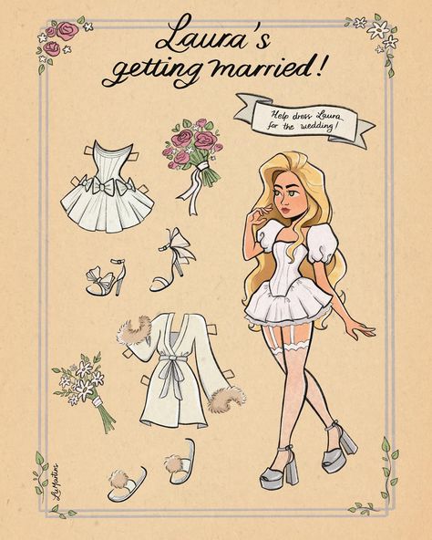 Help dress Laura for the wedding! 👰🏼‍♀️💍 Vintage paper doll inspired commission I did for the lovely @lauramirpuri, thank you for trusting me with this! ✨ #vintage #paperdoll #illustration #wedding #bride #casamento #noiva Sabrina Carpenter Paper Doll, Printable Diy Crafts, Pink Bedroom Design, Illustration Wedding, Vintage Paper Doll, Wedding Vintage, Magnet Set, Aesthetic Painting, Pretty Wedding