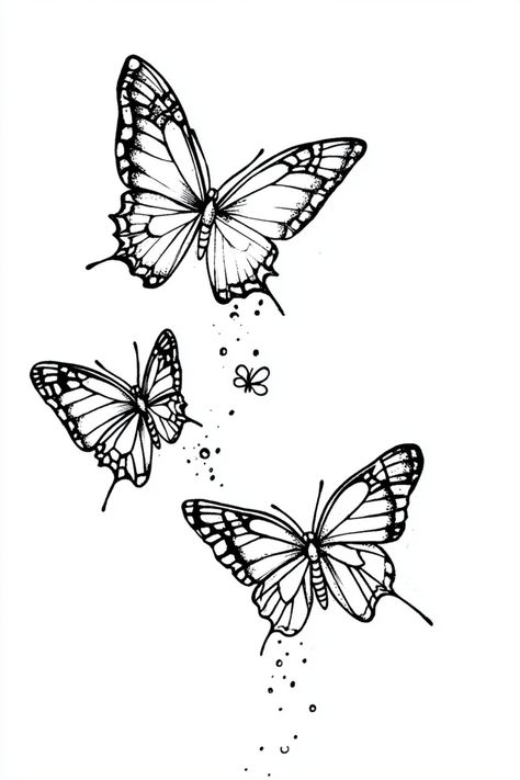 A delicate tattoo sketch featuring three butterflies with intricate patterns, offering a printable design for tattoo inspiration. Sketch Butterfly Tattoo, Butterfly Stencil Tattoo, Butterfly Tattoo Sketch, Elegant Butterfly Tattoo, Delicate Butterfly Tattoo, Tattoo Claims, Printable Tattoos, Butterfly Sketch, Sketches Ideas