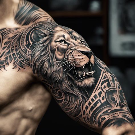 Lioness Tattoo For Men Arm, Tattoo Chest And Shoulder, Andy Tattoo, Lioness Tattoos, Lion Chest Tattoo, Lion Arm Tattoo, Lion Back Tattoo, Lion Shoulder Tattoo, Tattoo Homme