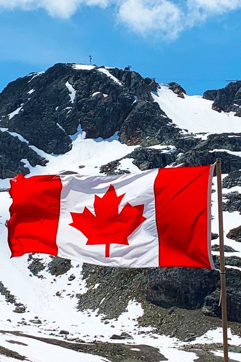 A Canadian Flag flapping in the wind on top of Whistler Mountain surrounded by glaciers in Whistler, BC - CANADA. Canada Day Images, Canada Wallpaper, Lucky Dube, Seniors 2023, Whistler Mountain, Canadian Things, Foods To Try, Whistler Bc, Heart In Nature