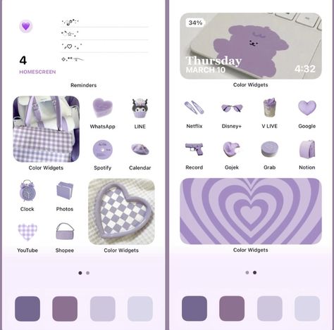 Purple Ios Homescreen, Purple Layout, Purple Ios, Ios Aesthetic, Cute Home Screens, Ios Layout, Ios Homescreen, Ios 17, Iphone Home Screen Layout