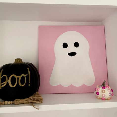 Halloween Canvas Paintings, Halloween Canvas Art, Embroidered Halloween, Pink Canvas Art, Ghost Art, Pink Ghost, White Ghost, Halloween Charms, Halloween Painting