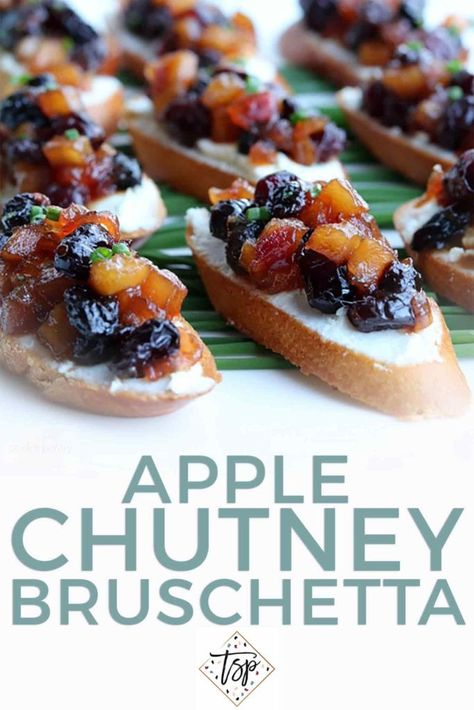 Toasted bread topped with goat cheese and sweet and sour apple chutney makes this Apple Chutney Bruschetta appetizer the perfect fall nibble. | Fall Bruschetta | Fall Appetizer | Apple Chutney Recipe | Fall Chutney | Autumn Appetizer | Easy Appetizer | Easy Bruschetta | Vegetarian Appetizer | Finger Food | Date Night | #party #datenight #speckledpalate Apple Chutney Recipe, Bruschetta Appetizer, Fall Appetizer, Food Fall, Easy Bruschetta, Apple Chutney, Fall Appetizers, Bruschetta Recipe, Appetizers Easy Finger Food