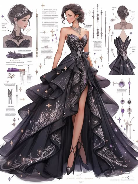 Desi Fantasy Art, Fancy Clothes Drawing, Ball Dress Drawing, Fantasy Gowns Princesses Fairytale, Prom Dress Drawing, Drawn Dresses, Fantasy Formal, Casual Fantasy Clothing, Royalty Outfits