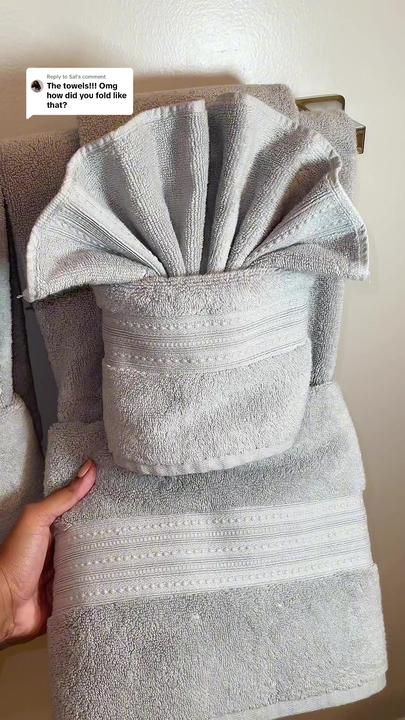 Replying to @Sal How to fold towel set 🤍 #foldingtowels #foldingtutor... | Decorative Towel Fold For Bathroom | TikTok Folding Towels For Display Bathroom, How To Fold Decorative Bathroom Towels, Fold Towels Like Hotel, Best Way To Fold Towels, Bathroom Tiktok, Folding Towels Fancy, How To Fold Hand Towels, Decorative Towel Folding, Folding Bath Towels