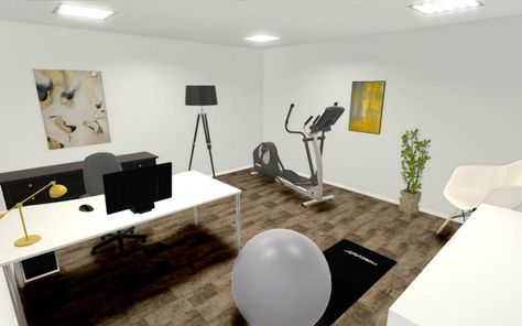 Office Gym Layout, Home Office Plus Gym, Office And Fitness Room Combo, Home Office With Workout Space, Study Gym Room Home Office, Office Workout Room Combo Small Spaces, Office And Gym Room Combo, Home Office With Treadmill, Office And Home Gym Combo