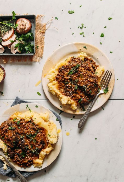 Stew Over Mashed Potatoes, Lentil Mushroom Stew, Mushroom Lentil Stew, Lentil Mushroom, Over Mashed Potatoes, Perfect Mashed Potatoes, Mushroom Stew, Vegan Parmesan Cheese, Lentil Stew