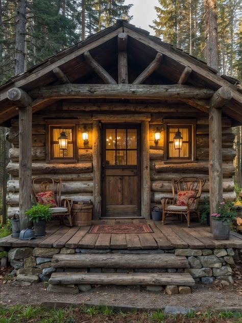 Small Log Cabin Interior Rustic Tiny Homes, Cabin On Hillside, Log Houses Exterior, Small Cabin Exterior Ideas, Small Cabin Exterior, Log Cabin Door, Forest Cabins, Cabin Porches, Tiny Log Cabin