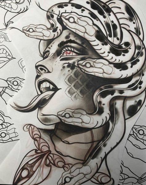 Black Madussa Tattoo, Black And Grey Tattoo Design Drawings, Madusa Drawings, Medusa Tattoo Stencil, Medusa Artwork, Black And White Snake, Medusa Tattoo Design, Snake Tattoos, Medusa Art