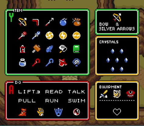 A Link to the Past - Full Inventory Game Inventory, Original Zelda, A Link To The Past, Link To The Past, Princesa Zelda, Piskel Art, 8bit Art, Video Game Development, Pixel Art Games