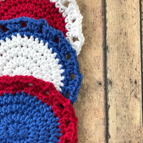 Crochet Summer Coasters, Crochet American Flag Coasters, Crochet Christmas Star Coaster, Starfish Coasters Crochet, Chrochet Christmas Coasters, Patriotic Coasters, Patriotic Crochet, Red White & Blue Crochet Afghan Patterns Free, Crocheted Coasters