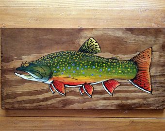 Brook trout painting | Etsy Salmon Painting Acrylic, Trout Painting, Trout Art, Fly Fishing Art, Acrylic Painting On Wood, Catch And Release, Forest Tattoos, Layer Paint, Brook Trout