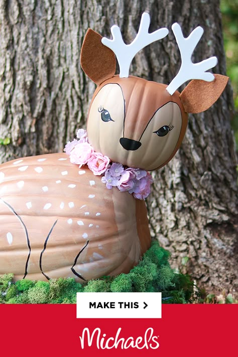 Oh, deer! We’ve turned two craft pumpkins into one adorable cutie (with the help of some paint and hot glue, of course). Make your own fall magic – follow our instructions below to DIY this super-sweet Deer Woodland Critter Pumpkin! Deer Pumpkin, Decorated Pumpkin, Craft Pumpkins, Character Pumpkins, Fall Magic, Pumpkin Decorating Contest, Pumpkin Projects, Pumpkin Halloween Decorations, Pumpkin Ideas