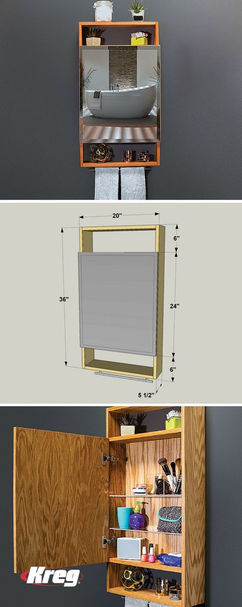 This medicine cabinet combines clean styling that can fit into modern or more-traditional environments. It offers adjustable shelves inside, and shelf space on the outside for more storage or display. It’s built from a half sheet of plywood and an off-the-shelf mirror, plus acrylic for the shelves. Discover hundreds more DIY ideas + how-to videos at buildsomething.com! Bathroom Mirror Cabinet Diy, Ikea Bathroom Storage, Shelf Mirror, Wall Mounted Medicine Cabinet, Cabinet Diy, Ikea Bathroom, Medicine Cabinets, Bathroom Mirror Cabinet, Apartment Bathroom