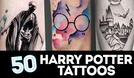 Show off your love for Harry Potter with a tattoo to honor this classic series. Get inspired with over 40 Harry Potter tattoo ideas. Harry Potter Buckbeak Tattoo, Harry Potter Tattoos Ravenclaw, Harry Potter House Tattoos, Harry Potter Cover Up Tattoo, Harry Potter Tattoos Sleeve Arm, Harry Potter Sleeve Tattoo For Women, Ron Weasley Tattoo, Tattoo Ideas Harry Potter, Harry Potter Tattoos Unique