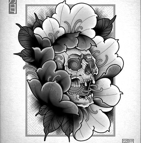 Neo Traditional Flowers, Skull Inspiration, Japanese Skull, 2024 Tattoo, Tattoo Lettering Alphabet, Traditional Flowers, Buddha Tattoo, Tattoo Stencil Outline, Skull Tattoo Design